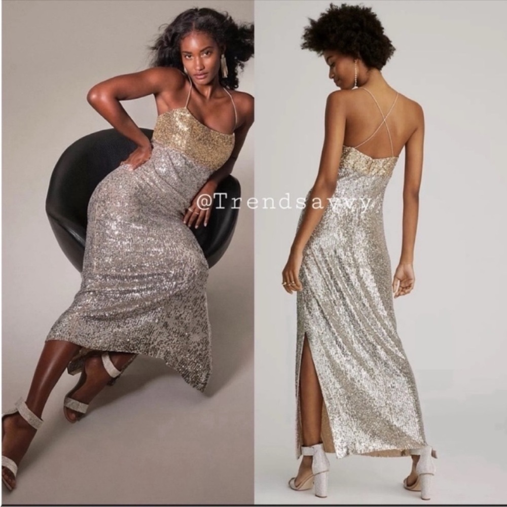 Anthropologie Sachin Babi Gold Silver Sequin Midi Dress 10P Cocktail Formal Glam